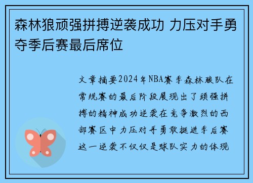 森林狼顽强拼搏逆袭成功 力压对手勇夺季后赛最后席位