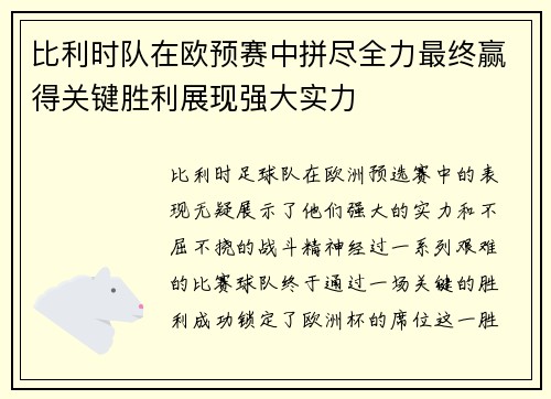 比利时队在欧预赛中拼尽全力最终赢得关键胜利展现强大实力