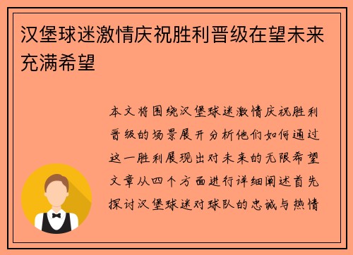 汉堡球迷激情庆祝胜利晋级在望未来充满希望