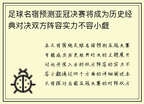 足球名宿预测亚冠决赛将成为历史经典对决双方阵容实力不容小觑