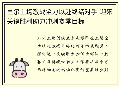 里尔主场激战全力以赴终结对手 迎来关键胜利助力冲刺赛季目标