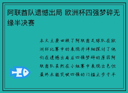 阿联酋队遗憾出局 欧洲杯四强梦碎无缘半决赛