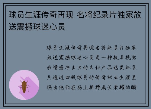 球员生涯传奇再现 名将纪录片独家放送震撼球迷心灵