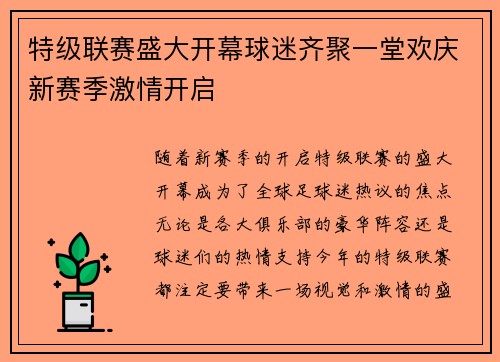 特级联赛盛大开幕球迷齐聚一堂欢庆新赛季激情开启