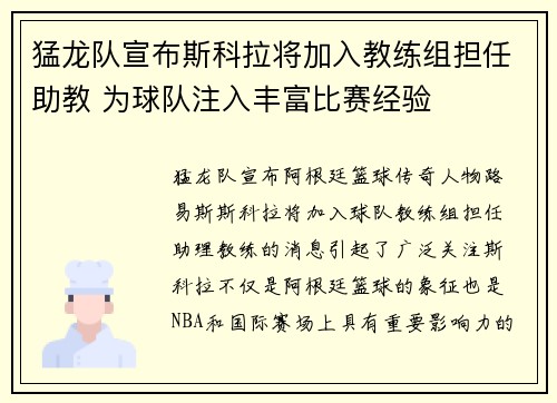 猛龙队宣布斯科拉将加入教练组担任助教 为球队注入丰富比赛经验